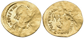 Justinian I, 527-565. Tremissis (Gold, 16 mm, 1.28 g, 6 h), Constantinople. D N IVSTINI-ANVS P P AVC Diademed, draped and cuirassed bust of Justinian ...