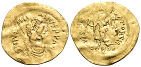 Justinian I, 527-565. Tremissis (Gold, 16 mm, 1.31 g, 6 h), Constantinople. D N IVSTINI-ANVS P P AVC Diademed, draped and cuirassed bust of Justinian ...