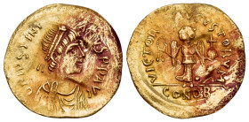Justinian I, 527-565. Tremissis (Gold, 16 mm, 1.43 g, 6 h), Constantinople. D N IVSTINI-ANVS P P AVC Diademed, draped and cuirassed bust of Justinian ...