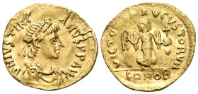 Justinian I, 527-565. Tremissis (Gold, 14 mm, 1.04 g, 6 h), Constantinople. D N IVSTINI-ANVS P P AVG Diademed, draped and cuirassed bust of Justinian ...