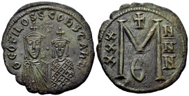 Theophilus, with Constantine, 829-842. Follis (Bronze, 31 mm, 7.02 g, 6 h), Constantinople, C. 830-1. ΘЄOFILOS S COҺSTAҺTI Facing busts of Theophilus,...