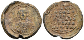 BYZANTINE SEALS. Basil Tarchaneiotes, vestarches, circa 1040-1060. Seal or Bulla (Lead, 29 mm, 15.42 g, 12 h), c. 1040. MI-XA Nimbate bust of the Arch...