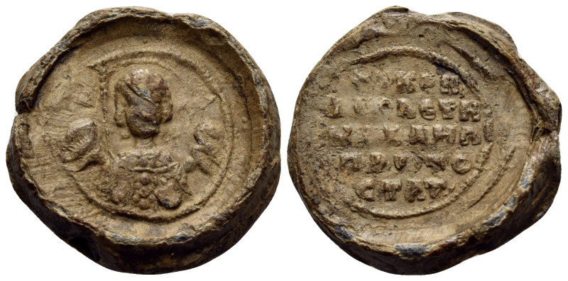 BYZANTINE SEALS. Michael, protostrator, Circa 11th century. Seal or Bulla (Lead,...