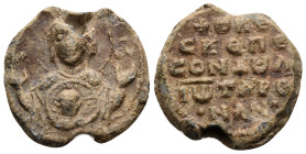 BYZANTINE SEALS. John Taronas, circa 11th century. Seal or Bulla (Lead, 16 mm, 3.15 g, 12 h). MHP - ΘOY Facing bust of the Virgin Mary, orans, wearing...