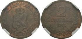 BULGARIA. Tsardom. Ferdinand I, 1908-1918. 2 Stotinki (Bronze, 20 mm, 6 h), Graded MS 62 BN by NGC, Kremnica, 1912. БЪЛГАРИЯ / * CЪEДИНЕНИЕТО ПРАВИ СИ...