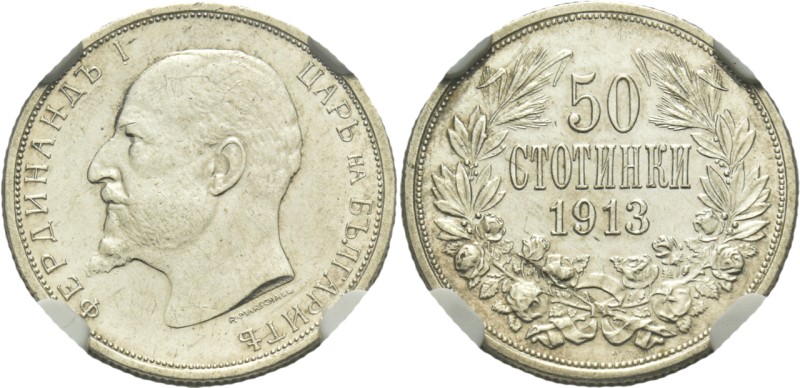 BULGARIA. Tsardom. Ferdinand I, 1908-1918. 50 Stotinki (Silver, 18 mm, 6 h), Gra...