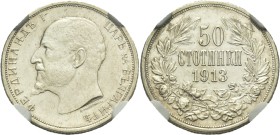 BULGARIA. Tsardom. Ferdinand I, 1908-1918. 50 Stotinki (Silver, 18 mm, 6 h), Graded MS 60 by NGC, Kremnica, 1913. ФЕРДИНАНДЪ I ЦАРЬ НА БЪЛГАРИТѢ Bust ...