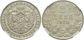 BULGARIA. Tsardom. Boris III, 1918-1943. 2 Leva (Copper-Nickel, 27 mm, 6 h), Graded UNC Details by NGC , Paris, 1925. БЪЛГАРИЯ / * СЪЕДИНЕНИЕТО ПРАВИ ...