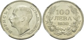 BULGARIA. Tsardom. Boris III, 1918-1943. 100 Leva (Silver, 34 mm, 6 h), Graded AU 58 by NGC , Budapest, 1930. БОРИСЪ III - ЦАРЬнаБЪЛГАРИТѢ / ∙L∙BERÁN ...