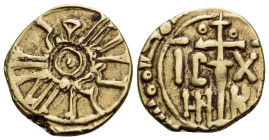 ITALY. Kingdom of Sicily. Roger II, 1130-1154. Tari (Gold, 12 mm, 1.16 g, 11 h), 5th period, Messina, 1151-1152. 'The King Roger, powerful through God...