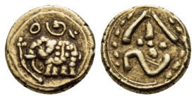 INDIA, Princely States. Mysore. Haidar Ali, 1761-1782. Fanam (Gold, 6 mm, 0.34 g, 8 h). Elephant standing to left; inscription above. Rev. Inscription...