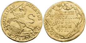 SWITZERLAND. Zürich. 1753. Ducat (Gold, 22 mm, 3.44 g, 12 h). TIGURINAE. DUCATUS / REIPUBLIC(AE) Rampant lion standing to left, supporting coat of arm...