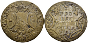 SWITZERLAND. Zurich. 1743. (Billon, 28.5 mm, 4.47 g, 12 h), 10 Schilling, Contemporary counterfeit. TIGURINAE * MONETA REIPUB· Ornate coat of arms fla...