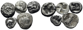 GREEK. Circa 5th-4th century BC. (Silver, 2.38 g). Lot of five (5) Greek silver fractionals, all toned and with surface porosity, fine to about very f...