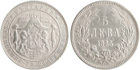 BULGARIA: 5 Leva (1885) in silver (0,900). Crowned and mantled coat of arms with supporters on obverse. Denomination within wreath on reverse. (KM 7) ...