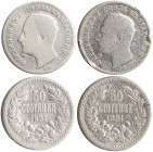 BULGARIA: Lot of 2x 50 Stotinki (1891 KB) in silver (0,835). Head of Ferdinand I facing left on obverse. Denomination within wreath on reverse. (KM 12...
