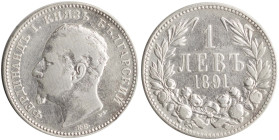 BULGARIA: 1 Lev (1891 KB) in silver (0,835). Head of Ferdinand I facing left on obverse. Denomination within wreath on reverse. (KM 13) & (Nikolov 14)...