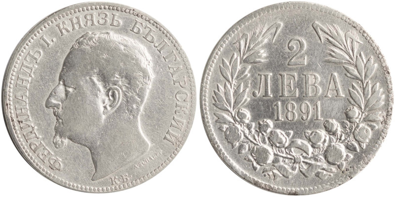 BULGARIA: 2 Leva (1891 KB) in silver (0,835). Head of Ferdinand I facing left on...