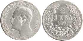 BULGARIA: 2 Leva (1891 KB) in silver (0,835). Head of Ferdinand I facing left on obverse. Denomination within wreath on reverse. (KM 14) & (Nikolov 15...