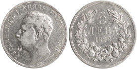 BULGARIA: 5 Leva (1892 KB) in silver (0,900). Head of Ferdinand I facing left on obverse. Denomination within wreath on reverse. Cleaned. (KM 15) & (N...