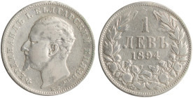 BULGARIA: 1 Lev (1894 KB) in silver (0,835). Head of Ferdinand I facing left on obverse. Denomination within wreath on reverse. (KM 16) & (Nikolov 17)...