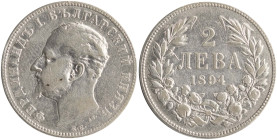 BULGARIA: 2 Leva (1894 KB) in silver (0,835). Head of Ferdinand I facing left on obverse. Denomination within wreath on reverse. (KM 17) & (Nikolov 18...