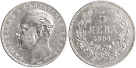 BULGARIA: 5 Leva (1894 KB) in silver (0,900). Head of Ferdinand I facing left on obverse. Denomination within wreath on reverse. Cleaned. (KM 18) & (N...