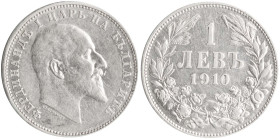 BULGARIA: 1 Lev (1910) in silver (0,835). Head of Ferdinand I facing right on obverse. Denomination above date within wreath on reverse. Hairlines. (K...
