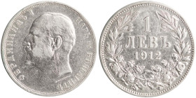 BULGARIA: 1 Lev (1912) in silver (0,835). Head of Ferdinand I facing left on obverse. Denomination above date within wreath on reverse. Hairlines. (KM...