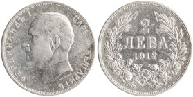 BULGARIA: 2 Leva (1912) in silver (0,835). Head of Ferdinand I facing left on obverse. Denomination above date within wreath on reverse. (KM 32) & (Ni...
