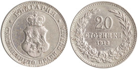 BULGARIA: 20 Stotinki (1913) in copper-nickel. Crowned coat of arms within circle on obverse. Denomination above date within wreath on reverse. Cleane...