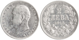 BULGARIA: 2 Leva (1913) in silver (0,835). Head of Ferdinand I facing left on obverse. Denomination above date within wreath on reverse. Cleaned. (KM ...