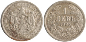 BULGARIA: 1 Lev (1925) in copper-nickel. Crowned Arms with supporters on ornate shield on obverse. Denomination above date within wreath on reverse. (...