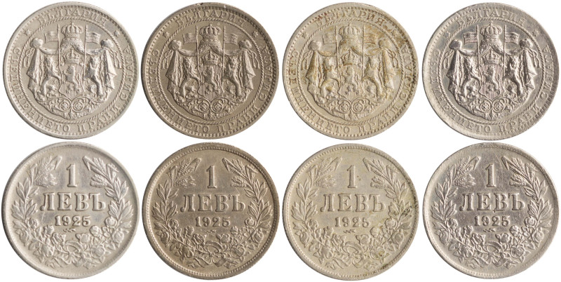 BULGARIA: Lot of 4x 1 Lev [1925 (p)] in copper-nickel. Crowned coat of arms with...