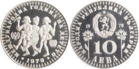 BULGARIA: 10 Leva (1979) in silver (0,925). Coat of arms divide date above denomination on obverse. Children divide symbols, date below on reverse. (K...