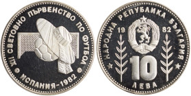 BULGARIA: 10 Leva (1982) in silver (0,500) commemorating the soccer games. National coat of arms divide date above denomination on obverse. Ball and n...