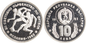BULGARIA: 10 Leva (1982) in silver (0,500) commemorating the Football World Cup. National coat of arms within circle divide date and wreathed denomina...