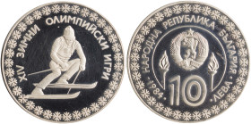 BULGARIA: 10 Leva (1984) in silver (0,925) from Winter Olympics Series. National coat of arms above denomination on obverse. Downhill skier on reverse...