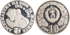 BULGARIA: 10 Leva (1984) in silver (0,925) commemorating the International Decade for Women. National coat of arms within wreath of roses on obverse. ...