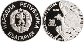 BULGARIA: 25 Leva (1986) in silver (0,925) commemorating Soccer. National coat of arms on obverse. Stylized eagle with soccer ball, denomination and d...