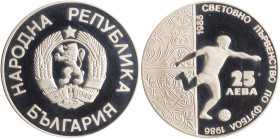 BULGARIA: 25 Leva (1986) in silver (0,925) commemorating Soccer. National coat of arms on obverse. Soccer player, vertical date above, denomination at...
