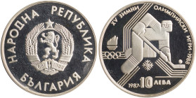 BULGARIA: 10 Leva (1987) in silver (0,640) from 1988 winter Olympics series. National coat of arms on obverse. Hockey player, denomination and date be...
