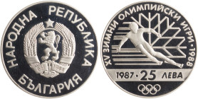 BULGARIA: 25 Leva (1987) in silver (0,925) from 1988 winter Olympics series. National coat of arms on obverse. Skier, denomination and date below on r...