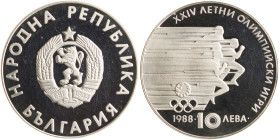 BULGARIA: 10 Leva (1988) in silver (0,640) from Seoul summer Olympics series. National coat of arms on obverse. Sprinters, denomination and date below...