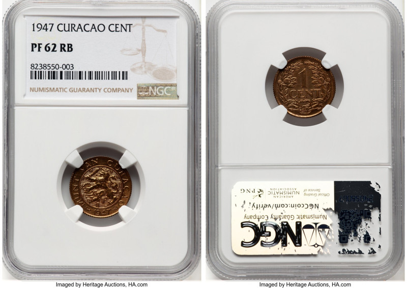 Dutch Colony. Wilhelmina Proof Cent 1947-(u) PR62 Red and Brown NGC, Utrecht min...