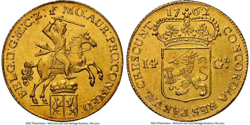 Gelderland. Provincial gold 14 Gulden (Golden Rider) 1762 AU Details (Cleaned) N...