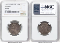 Holland. Provincial Stoter (1/20 Leicesterreaal) 1587 AU53 NGC, Dordrecht mint, CNM-2.28.57, PW-Ho.29. Rose mintmark. This slate and plum toned surfac...