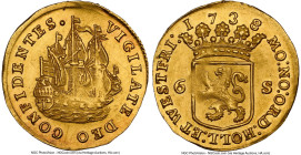 Holland. Provincial gold 6 Stuivers 1738/6 UNC Details (Cleaned) NGC, KM45a, Delm-816 (R1), V&S-1265 (R2). An elusive off-Metal type of this "Scheepje...