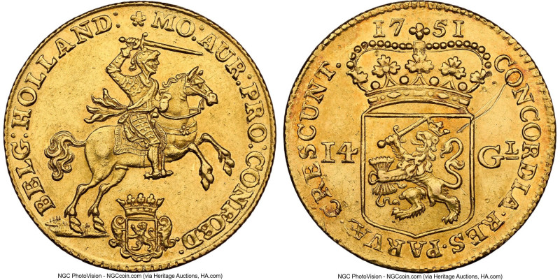 Holland. Provincial gold 14 Gulden (Golden Rider) 1751 UNC Details (Cleaned, Rev...