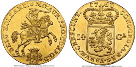 Holland. Provincial gold 14 Gulden (Golden Rider) 1763 MS63 NGC, Dordrecht mint, KM97, Delm-782, V&S-1237. Last attainable grade with only two higher ...